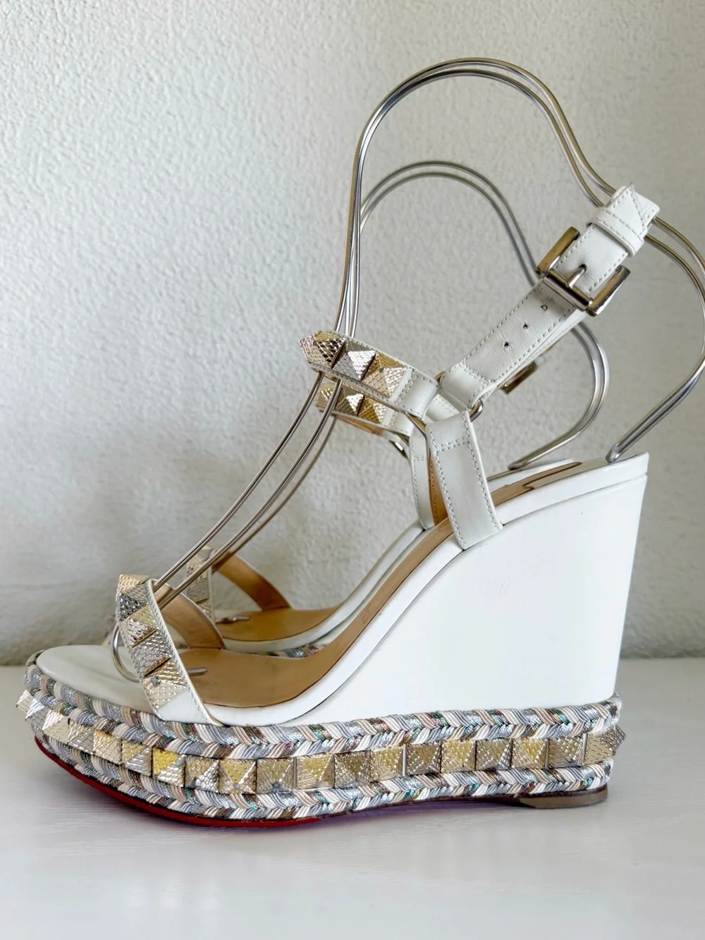 Christian Louboutin Pyraclou Latte White Studded Wedge Sandals Size EU 38